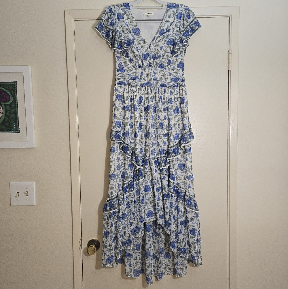 Blue Floral Maxi Garden Party Prarie Dress Feminie Ruffle Details Size Small